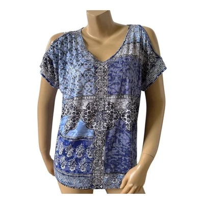 INC Womens Size Large Sheer Embellished V Neck Tribal Boho Cold Shoulder Shirt - Image 1 of 4
