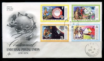 格林纳达:1974 年万国邮政联盟百年纪念 (565-567,569) 首日封面 — 第 1/2 张图片