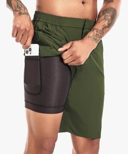 Herren Badehose mit Kompressionsfutter 9" Reißverschluss Fly schnelltrocknend Größe 34 Army Grn - Bild 1 von 8