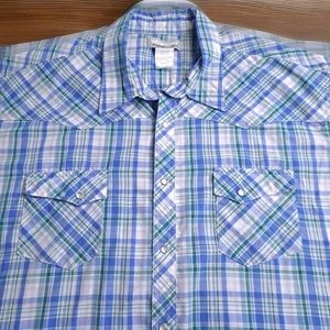 Vtg Wrangler Wrancher Men's 3X Short Sleeve Blue Plaid Pearl Snap Western Cowboy - Picture 1 of 13