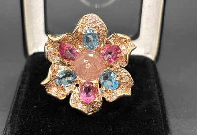 Rose Quartz & Pink/Blue Topaz Ring 925 Silver Gold Plated w/ 84 Zircons - Image 1 of 4