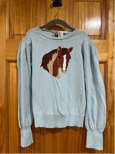 Janie and Jack Blue Cotton Puff Sleeve Horse Sweater Size 10 - Picture 1 of 5