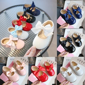 KIDS GIRLS SPANISH RIBBON BOW WEDDING PARTY PATENT INFANTS TODDLER SHOES SIZE UK - Picture 1 of 25