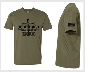 Christian Men's T-Shirt REDEEMED 3 NAILS CROSS Olive Green Short Sleeve Shirt - Picture 1 of 8