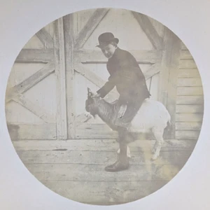 Kodak Number 2 Circular Photograph Boy Riding A Goat Barn Doors Antique Snapshot - Picture 1 of 3