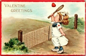 VALENTINE GREETINGS - JOHNSON - A LOVE GAME - GIRL PLAYS HEART TENNIS - POSTCARD - Picture 1 of 2