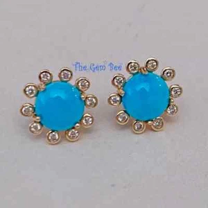 18k Solid Yellow Gold Fine Sleeping Beauty Turquoise Diamond Ear Studs Earrings - Picture 1 of 8