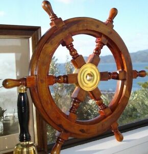 Nautical Wooden Ship Steering Wheel Pirate Decor Wood Brass Fishing Wall Boat