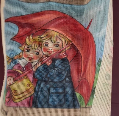 Fleur De Paris Children Red Umbrella  Needlepoint Canvas Vintage - Image 1 of 4