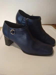 AJ Valenci Ankle buckle Booties Block Heels Womens Sz 7.5W Navy Metallic Zipper - Picture 1 of 8