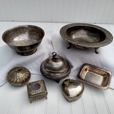 LOTE DE 7 Cuencos Plateados Plateados Joyero con Tapa Baratijas De Colección Foto 1 de 4