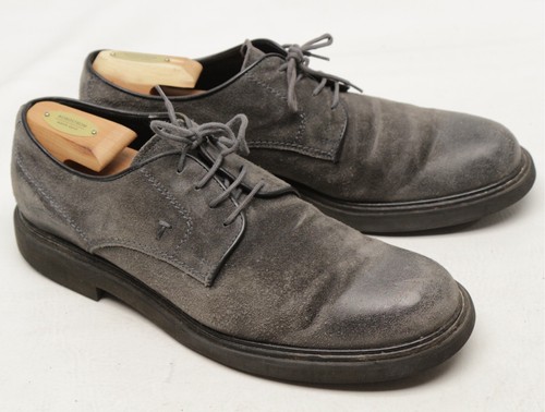 TOD’S Scarpe Tods Derby Uomo 10 5 Grigio Pelle Scamosciata Punta Tinta Unita Blucher Made in Italy