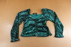 Express Womens Large Dark Teal Sequin Sweetheart Neck Puff Sleeve Ruched Top NWT - Picture 1 of 10