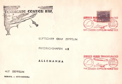 BRAZIL Cover ZEPPELIN/CONDOR Air 1933 *RED FLIGHT CACHET* Friedrichshafen MAX16 - Image 1 of 4