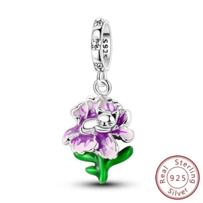 MULA Frauen 925 Sterling Silber DIY Charm Lila Emaille Katze Iris für Armbänder - Bild 1 von 4