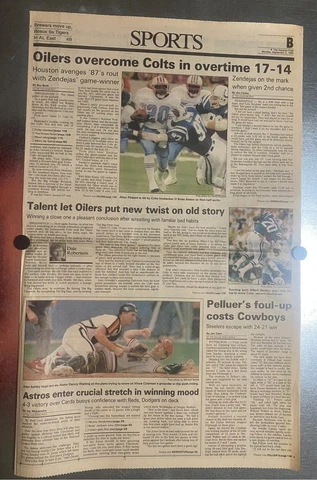 HOUSTON OILERS 17 INDIANAPOLIS COLTS -14 OVERTIME 9/5/1988 HOUSTON CHRONICLE Cover