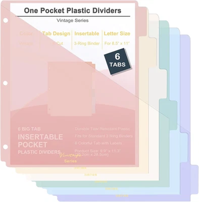 Divisores de carpeta de 6 pestañas con bolsillos, divisores de carpeta con pestañas para carpeta de 3 anillos Foto 1 de 4