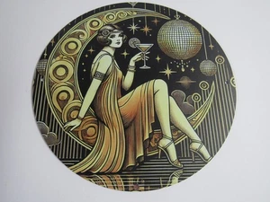 New Art Deco Look Woman Sitting On The Moon 7 3/4" Round Metal Sign - Picture 1 of 3