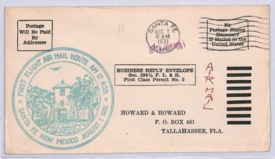 USA Air Mail Cover FIRST FLIGHT Santa Fe New Mexico No Postage 1931 YU264 - Image 1 of 4