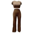Women Sexy Ribbed Solid Color Outfits Short Sleeve Slim Crop Top Wide Leg Pants