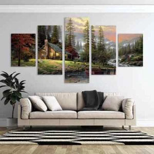 Fishing Cabin Forest Lake Mountain River Landscape 5 Piece Canvas Wall Art Decor - Picture 1 of 2