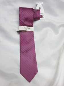 Calvin Klein Mens Silk Classic Slim Tie With Clip Dark Purple Stripe Brand New - Picture 1 of 3