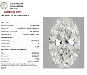 7.20 CT Oval Cut Lab Grown Diamond For Engagement Ring IGI Certified E VVS2 - Picture 1 of 9