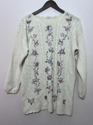 Vintage Knit Embroidered Floral Sweater Women Sz L Grandma Cottagecore Fisherman - Image 1 of 4