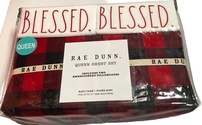 RAE DUNN “BLESSED” QUEEN SHEET SET 4 PC BUFFALO PLAID Red & Black  NWT - Image 1 of 4