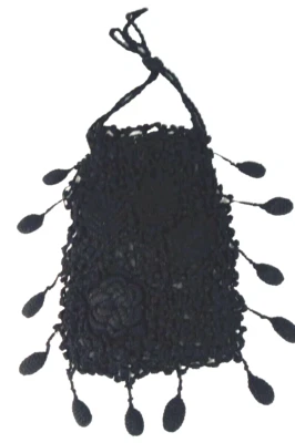 Antique Vintage Crochet Purse Bag Drawstring Black Tassels 10" Victorian Women's - Image 1 of 4