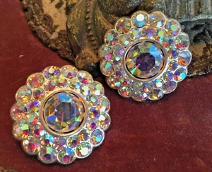 Botones vintage cristal aurora boreal 1 3/8" metal plata 1pr Checoslovaquia - Imagen 1 de 3