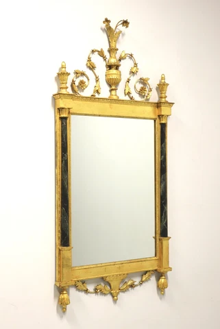 1960's Neoclassical Gold Gilt Foliate Wall Mirror with Marbleized Columns Cover