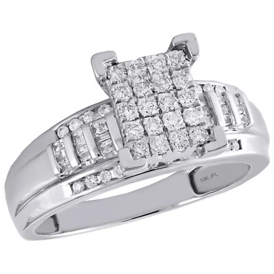 10K White Gold Round & Baguette Diamond Rectangle Cluster Engagement Ring 1/2 Ct - Image 1 of 4