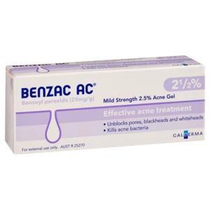 Benzac AC Mild Strength 2.5% Acne Gel 60g Unblock Pores Blackheads Whiteheads - Picture 1 of 1
