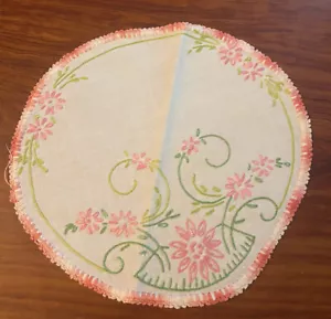 Vintage Round Doily Pink Crochet Trim Linen Embroidery Floral Handmade - Picture 1 of 10