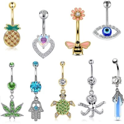 Belly Bars Navel Button Rings CZ Crystals Drop Gem Balls Body Piercing Jewellery - Image 1 of 4