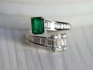 Emerald Cut Simulated Green Emerald Wedding Band Ring In 14k White Gold Plated - Picture 1 of 5