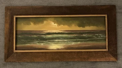 Pintura al óleo de paisaje marino original de los años 60 puesta de sol 19,5” X 39” MCM ¡Envío gratuito! Foto 1 de 4