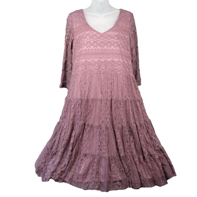 Vtg Rods Lace Midi Dress XL Dusty Rose Tiered Cowgirl Whimsigoth Fairycore Dance - Image 1 of 4