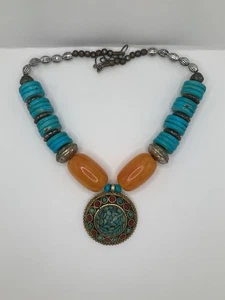 Vintage Tibetan Tribal Chunky Beaded Turquoise Coral Faux Amber Necklace 22'' - Picture 1 of 8
