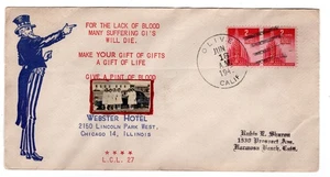 WWII Patriotic 1945 Olive CA - Uncle Sam Webster Hotel Chicago Give Blood - Picture 1 of 2