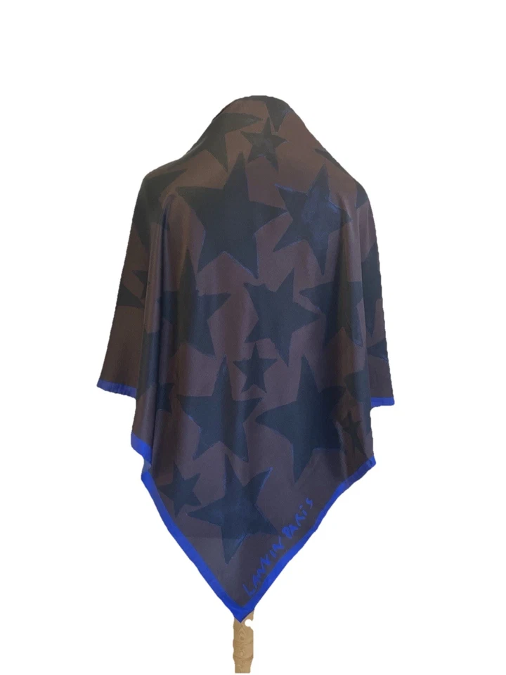 Y7# Lanvin Paris 100% Seda Bufanda Marrón y Azul Estampado de Estrellas Diseñador Hecho en Italia Foto 1 de 4
