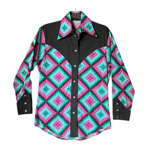 Retro Western Pearl Snap Shirt Damen M Diamond Pixel 70s Festival Rainbow Indie - Bild 1 von 6