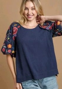 Umgee Damen Gr. L Navy Shirt Blumen bestickt kurze Glockenärmel Boho 208 - Bild 1 von 8
