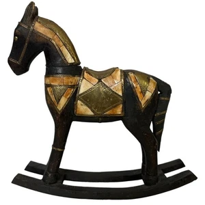 Antique Carved Wood Hammered Brass & Bone Inlaid Rocking Horse Statue Decor - Picture 1 of 8