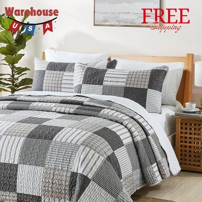 Quilt Set Queen Size, 3 Pieces Bedspread Coverlet Plaid Patchwork Quilt Farmhous - Image 1 of 4
