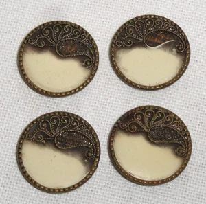 4 Antique Victorian Buttons ~ Celluloid & Brass ~ Ornate Paisley ~ 1.25” - Picture 1 of 6