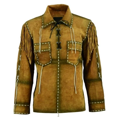 Men's Western Cowboy Suede Fringe Jacket Native American Fringe Leather Jacket - Image 1 of 4