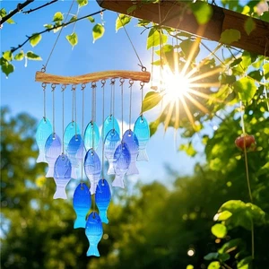 Handmade Blue Glass Fish Wind Chime Large Outdoor/Indoor Hanging Decor - Picture 1 of 9