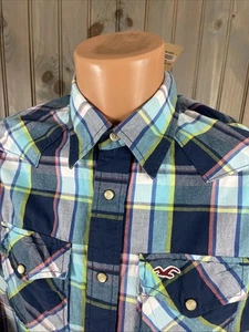 Hollister Mens Shirt Sz M Blue Plaid Pearl Snap Long Sleeve Snap Pockets NWT - Picture 1 of 7